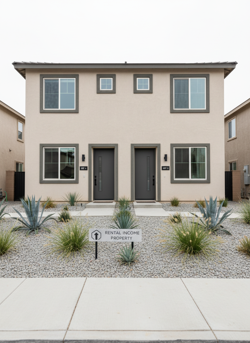 An elegant, well-maintained duplex investment property with a light beige stucco exterior, contrasting dark window frames, and separate, clearly marked front entrances, each with modern steel doors. Simple, drought-resistant landscaping with decorative gravel and low-maintenance plants stretches across the front, bordered by a clean concrete sidewalk. Soft overcast daylight provides even, neutral illumination, minimizing harsh shadows and emphasizing the structure’s clean geometry. Photographed in realistic detail from a slightly elevated street-view angle, the composition shows both units clearly, suggesting multi-tenant potential and rental income opportunities. The mood is straightforward, professional, and analytical, ideal for investors evaluating a property’s potential without distractions or human elements, focusing purely on the building’s condition and layout.