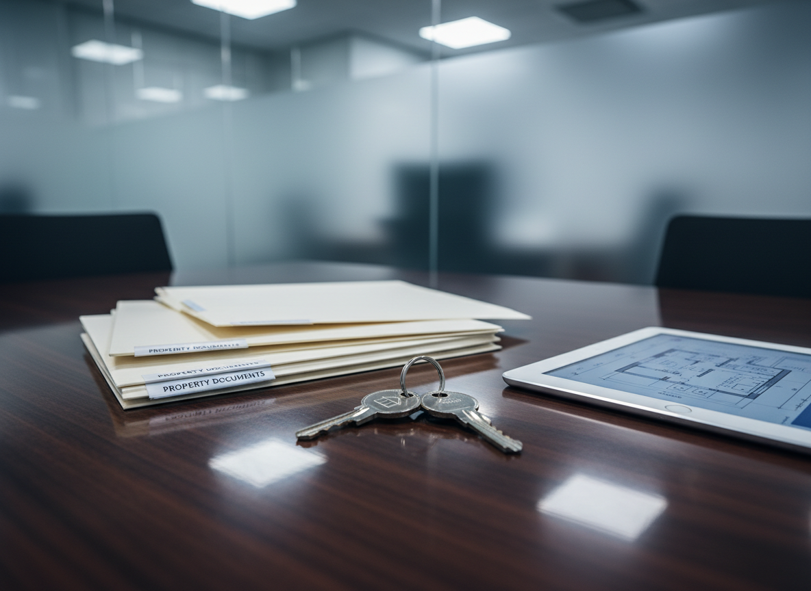 A high-contrast photographic close-up of a polished wooden desk in a modern real estate office, displaying neatly stacked property folders, a brushed metal key ring with several shiny house keys, and a tablet showing a floor plan on its glowing screen. The desk surface reflects subtle highlights from overhead recessed lighting, while a frosted glass partition in the background adds depth with a soft blur. Cool, even artificial lighting illuminates the scene, creating crisp reflections on the metal keys and clean lines around the documents. Captured with a shallow depth of field and centered composition, the image feels organized, precise, and highly professional, conveying the idea of reliable real estate solutions and organized transaction management for homeowners and investors.