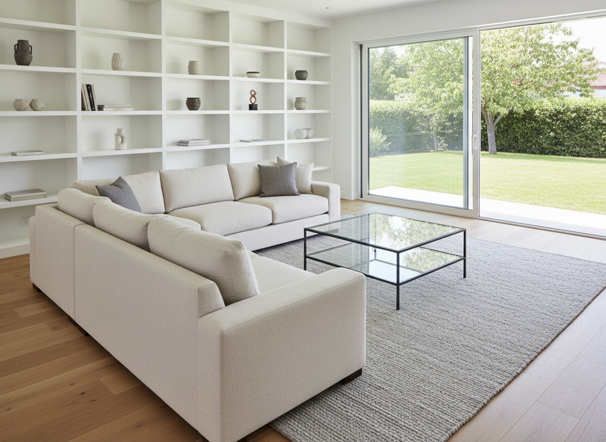 A bright, contemporary living room staged for sale, featuring a neutral-toned sectional sofa, a glass-topped coffee table with a slim metal frame, and a textured light-gray area rug over wide-plank oak flooring. Built-in white shelving displays minimal decorative objects, while a large sliding glass door opens to a well-kept backyard, filling the space with diffused midday sunlight. The light creates soft highlights on the glass and metal surfaces and gentle shadows under the furniture. Shot in photographic realism from a slightly elevated corner perspective, the composition shows the full room in sharp focus, emphasizing clean lines, open space, and move-in-ready appeal. The atmosphere is calm, orderly, and professional, ideal for showcasing a property to serious buyers and investors.